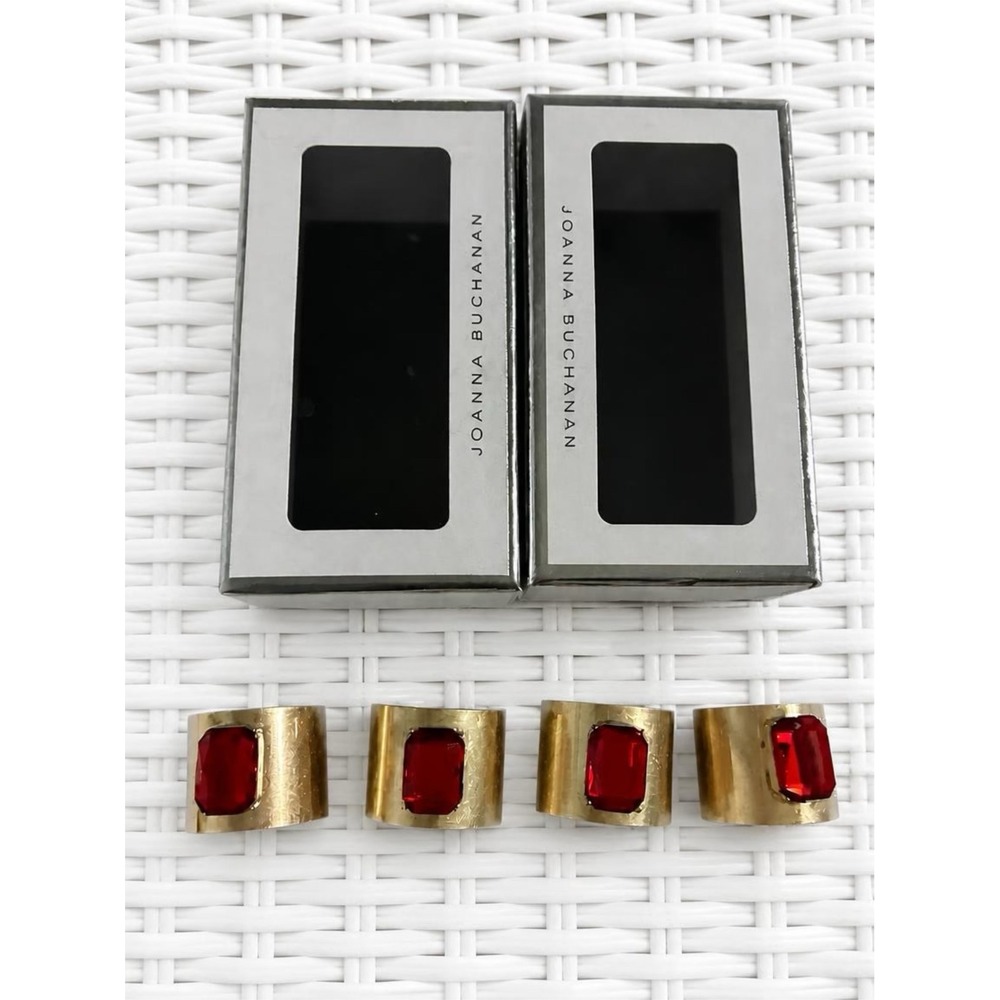 Joanna Buchanan Ruby Red Gem Napkin Rings Set of 4 Gold Brass with Boxes